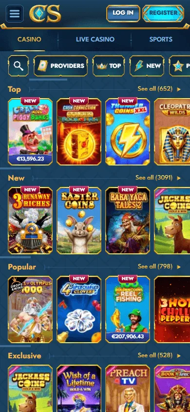 Casea Casino games interface on a mobile phone
