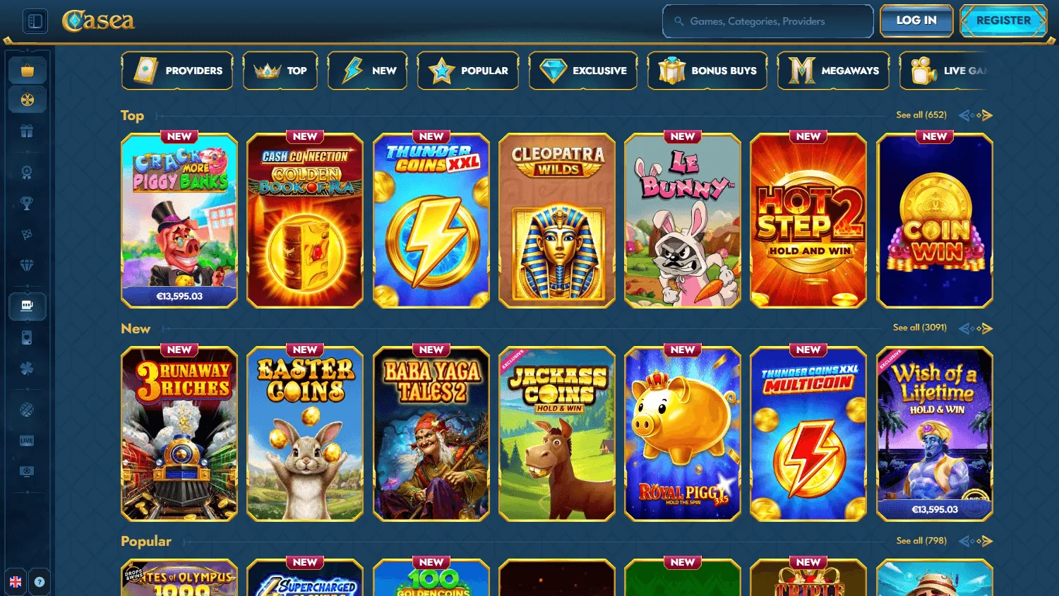 Casea Casino games interface on desktop
