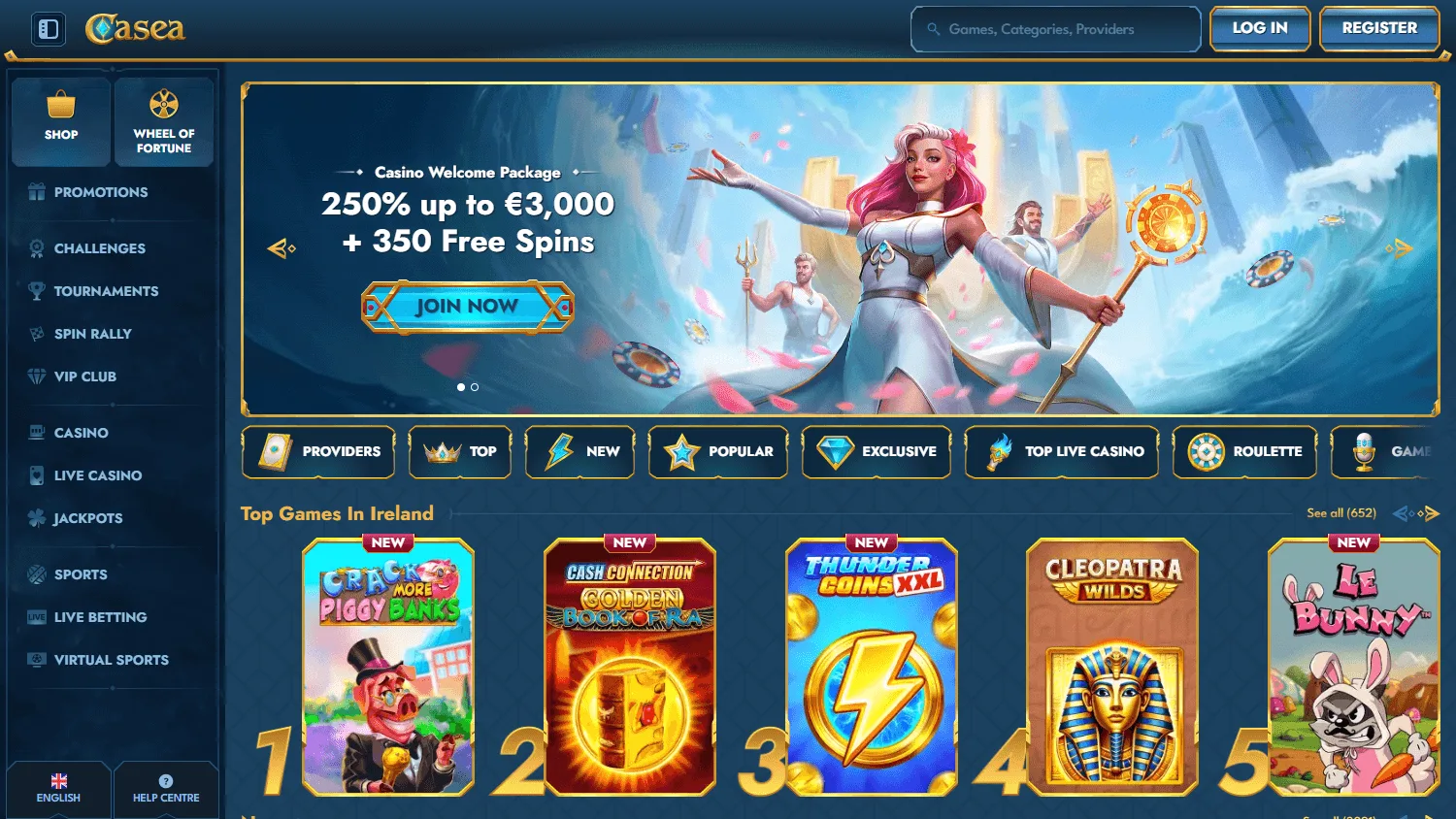 Casea Casino home interface on desktop