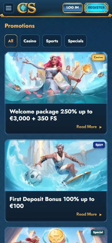 Casea Casino promotions interface on a mobile phone