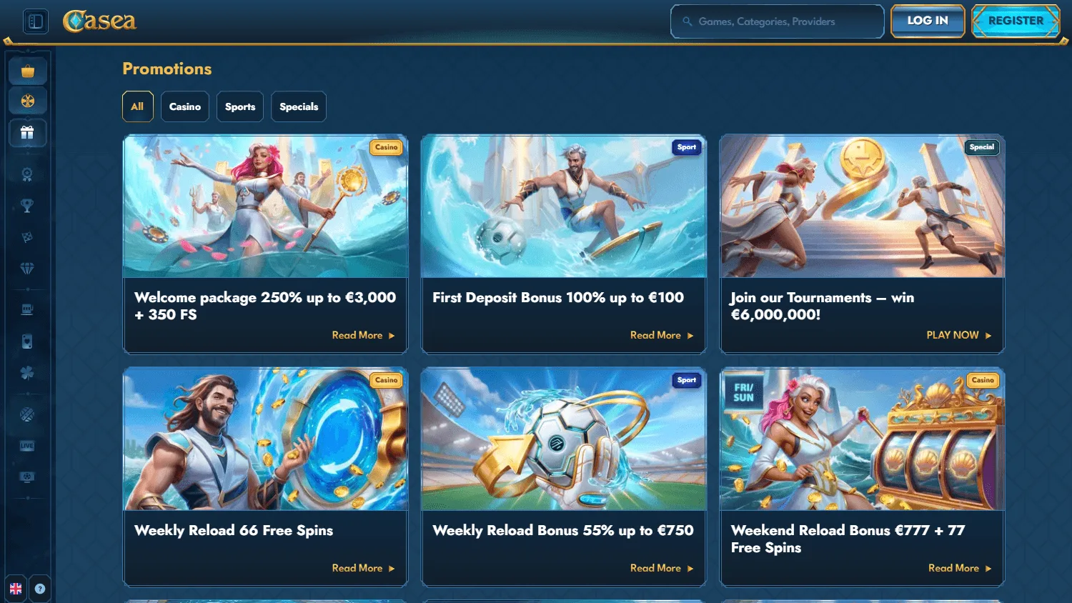 Casea Casino promotions interface on desktop